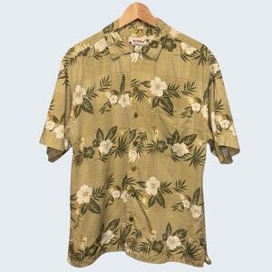 Summa Mens Medium Silk Hawaiian Shirt Sage Green Tropical Floral Cocktail Aloha